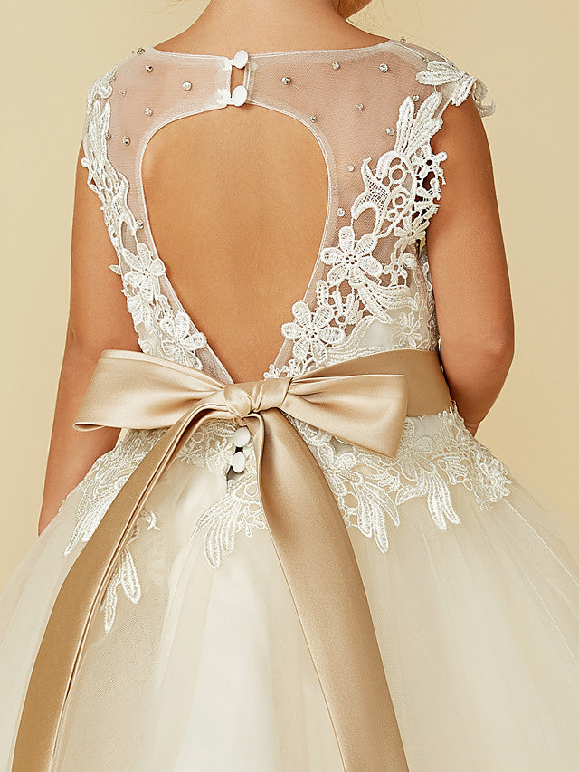 Beautiful Lace Tulle Ball Gown with Belt, Buttons & Beading for Girls