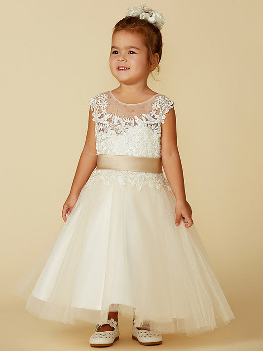 Beautiful Lace Tulle Ball Gown with Belt, Buttons & Beading for Girls