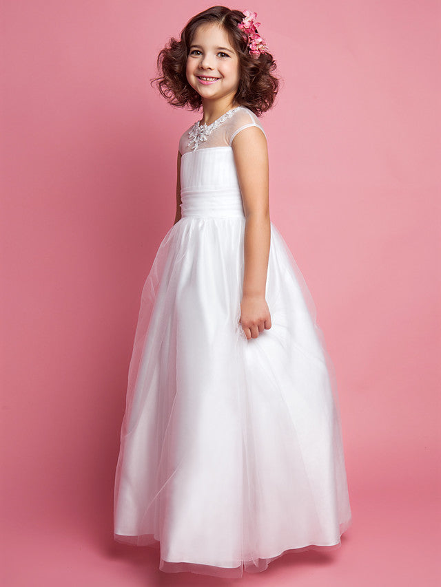 Beautiful Princess A-Line Floor Length Flower Girl Dress With Ruched Beading & Appliques for Weddings & First Communions