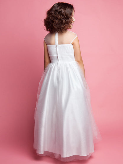 Beautiful Princess A-Line Floor Length Flower Girl Dress With Ruched Beading & Appliques for Weddings & First Communions