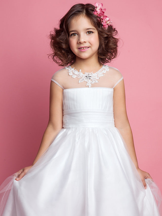 Beautiful Princess A-Line Floor Length Flower Girl Dress With Ruched Beading & Appliques for Weddings & First Communions