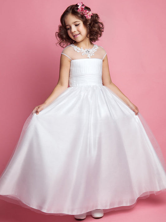 Beautiful Princess A-Line Floor Length Flower Girl Dress With Ruched Beading & Appliques for Weddings & First Communions