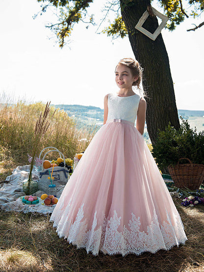Beautiful Princess Sleeveless Jewel Neck Flower Girl Dress with Tulle Cotton and Lace Belt Appliques