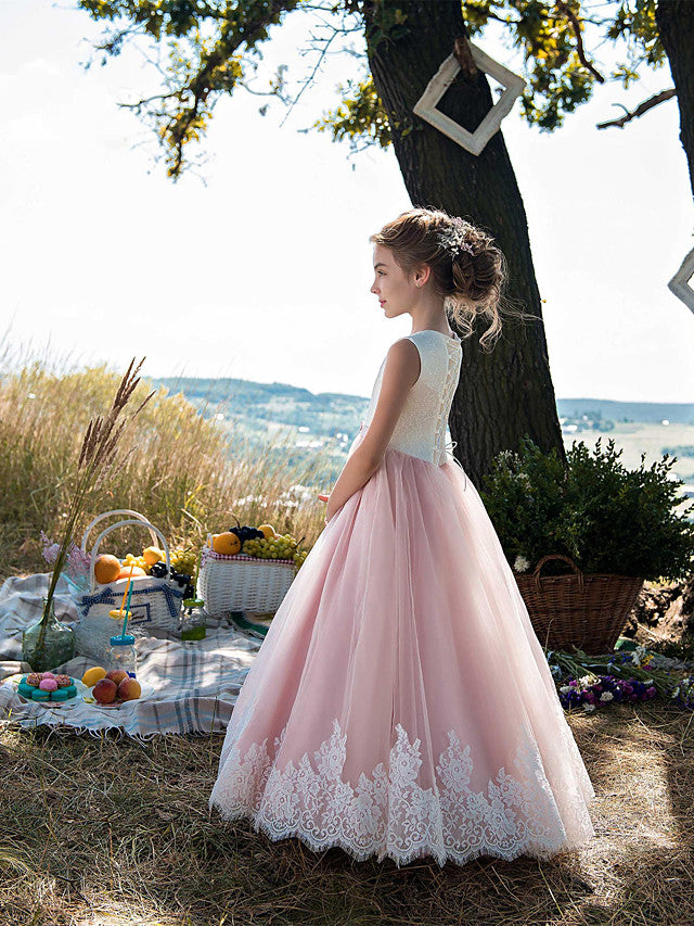 Beautiful Princess Sleeveless Jewel Neck Flower Girl Dress with Tulle Cotton, Lace Belt and Appliques