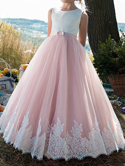 Beautiful Princess Sleeveless Jewel Neck Flower Girl Dress with Tulle Cotton, Lace Belt and Appliques