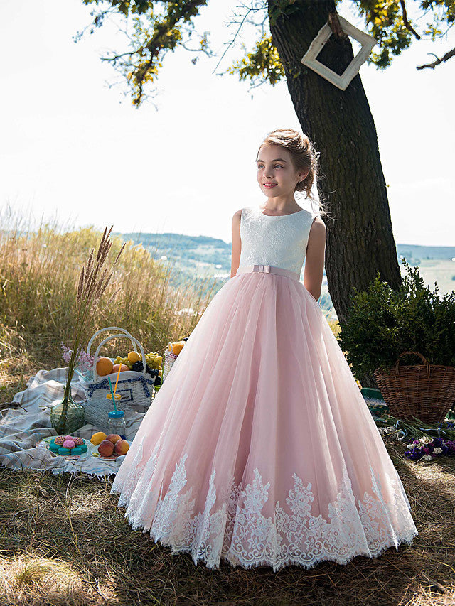 Beautiful Princess Sleeveless Jewel Neck Flower Girl Dress with Tulle Cotton, Lace Belt and Appliques