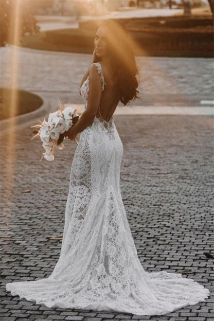 Beautiful Straps Sleeveless Lace Wedding Dress Mermaid with Beadings