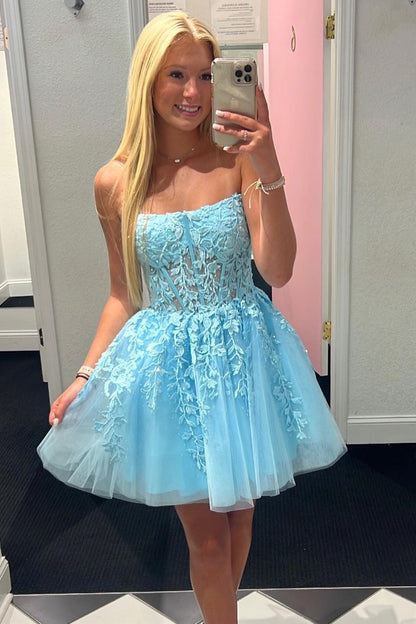 Hot Pink Tulle Strapless A-Line Short Gown with Appliques