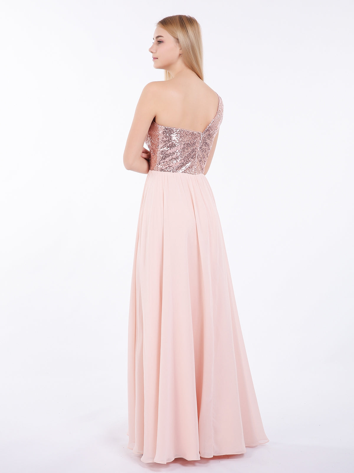 Sequins Bodice Chiffon Skirt Dress Rose Gold
