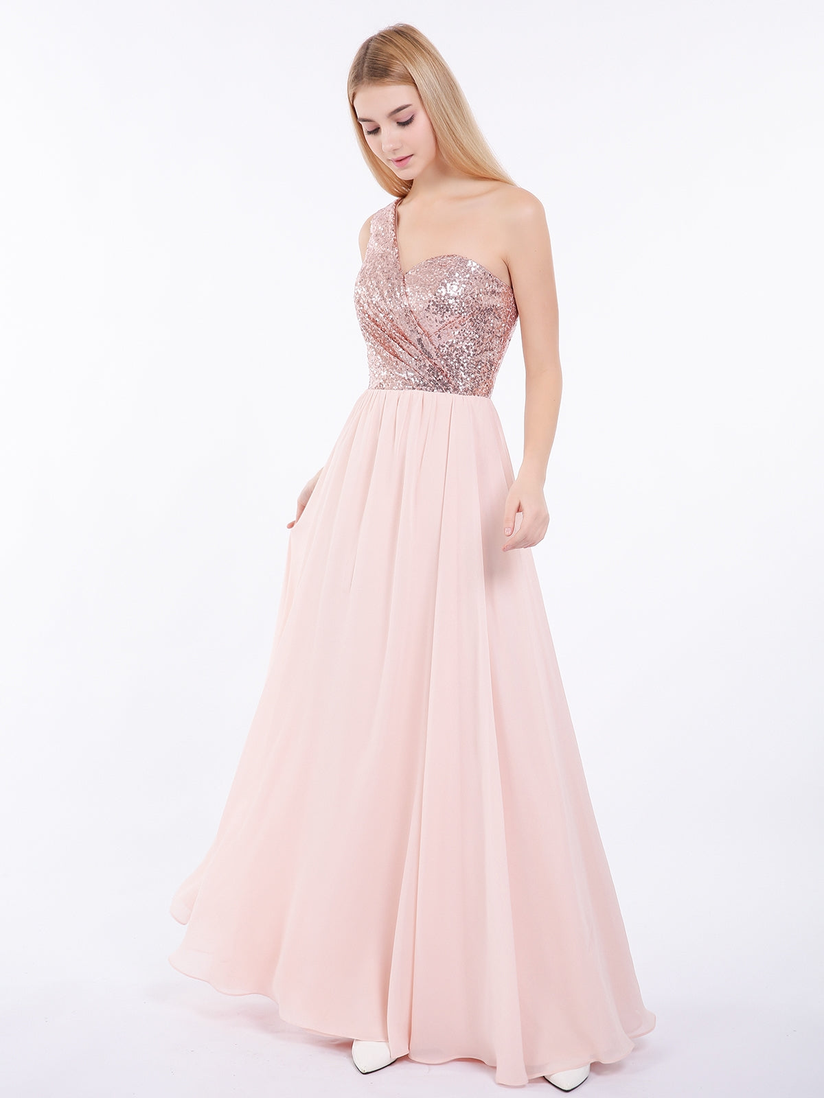 Sequins Bodice Chiffon Skirt Dress Rose Gold