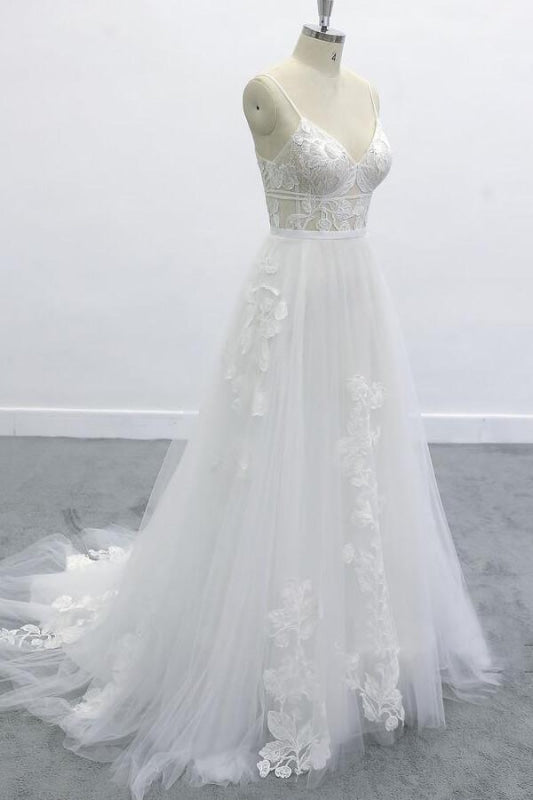 Best Spaghetti Strap Appliques Tulle Wedding Dress