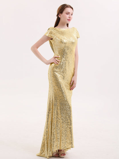 Sequins Lace Bridesmaid Dress with Cap Sleeves Gold
