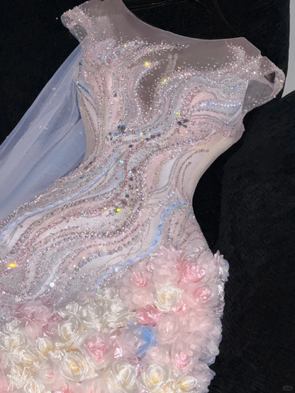 Gorgeous Sparkling Beaded Sequin Mermaid 3D Flowers Design Tulle Evening Dress Prom Dresses HZ1024