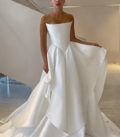Girlhomeshops-White satin off-the-shoulder long floor-length wedding dress prom dress gh5394