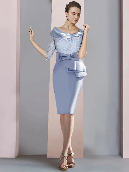 DingjiSheath / Column Mother of the Bride Dress Wedding Guest Party Elegant Scoop Neck Knee Length Satin Lace Half Sleeve with Bow(s) Ruching