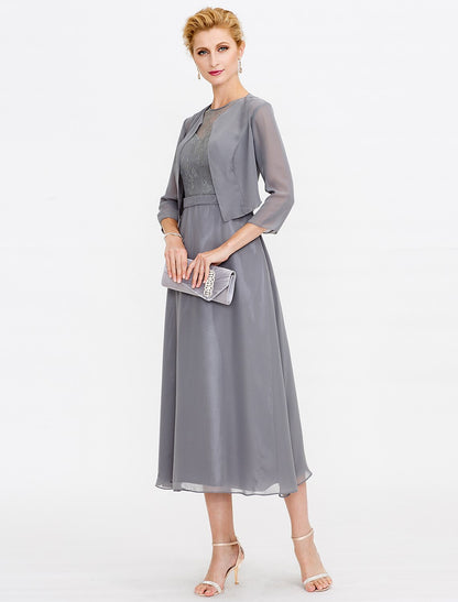 Aimishang A-Line Mother of the Bride Dress Fall Wedding Guest Dresses Plus Size Elegant Illusion Neck Tea Length Chiffon Corded Lace Sleeveless Wrap Included with Lace Pleats