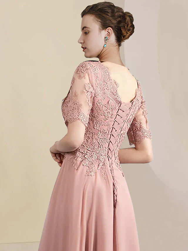 DingjiTwo Piece A-Line Mother of the Bride Dress Formal Wedding Guest Elegant High Low V Neck Asymmetrical Tea Length Chiffon Lace Short Sleeve Wrap Included with Pleats Appliques