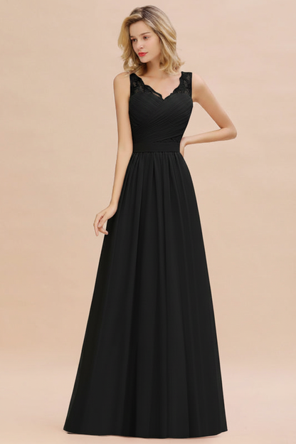 Modest Floral Lace A-line Bridesmaid Dress V-Neck Ruched Chiffon Wedding Guest Dress