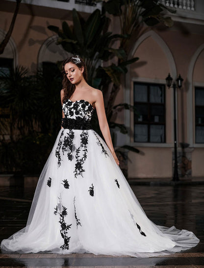 Black A-Line Wedding Dress Strapless Applique Sash Tulle Satin Bridal Gown