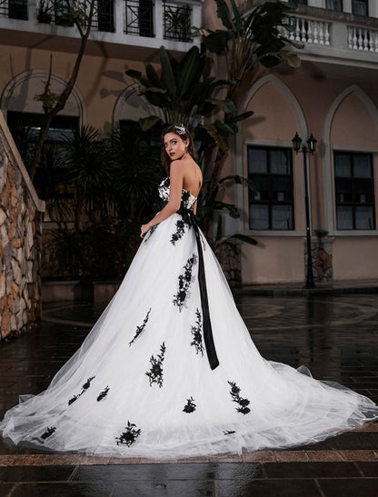 Black A-Line Wedding Dress Strapless Applique Sash Tulle Satin Bridal Gown