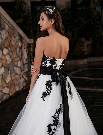 Black A-Line Wedding Dress Strapless Applique Sash Tulle Satin Bridal Gown