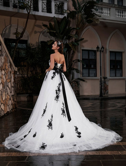 Black A-Line Wedding Dress Strapless Applique Sash Tulle Satin Bridal Gown