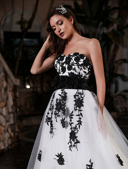 Black A-Line Wedding Dress Strapless Applique Sash Tulle Satin Bridal Gown