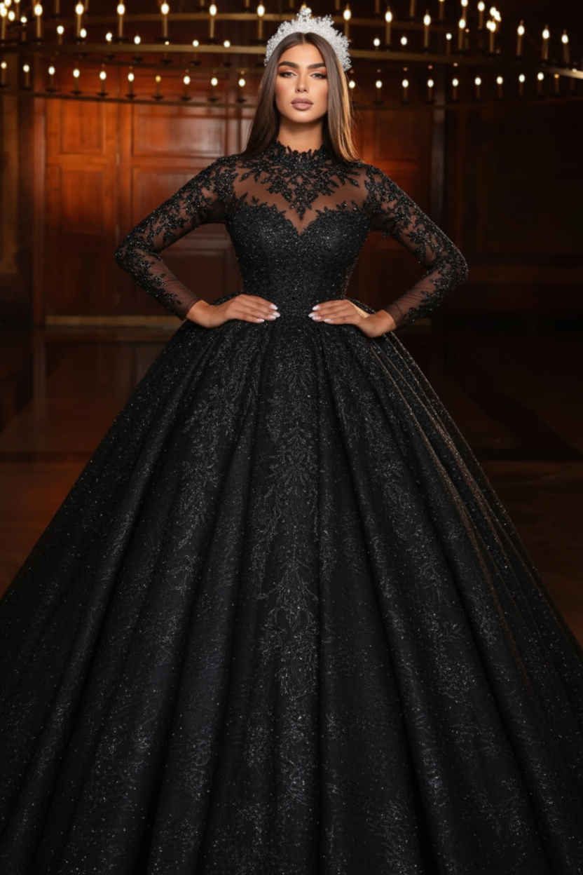 Glitter Appliques Lace Beaded A-Line Wedding Dress Long Sleeves