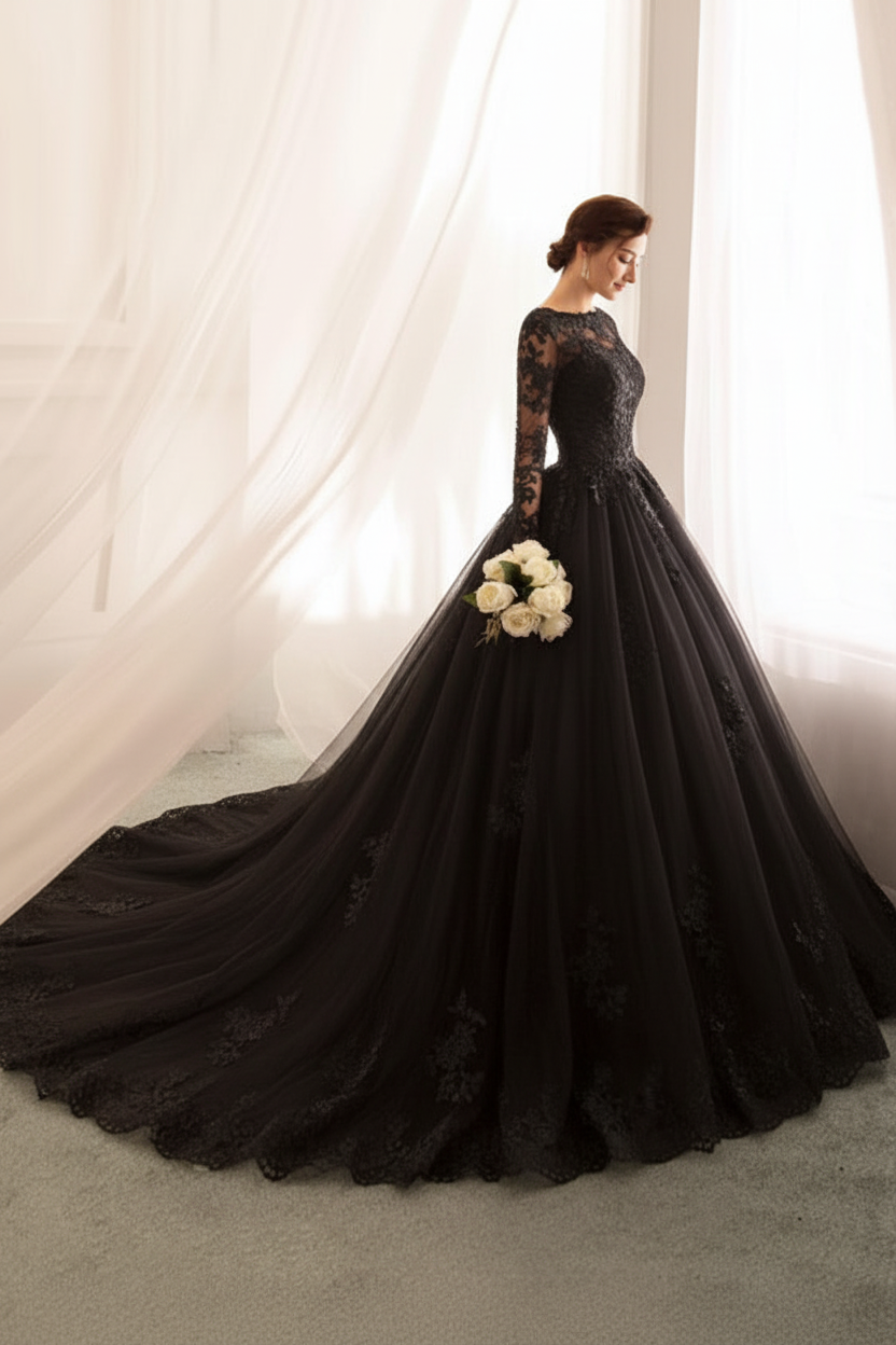 Bateau Neck Princess Wedding Dresses Long Sleeve Lace Tulle Bridal Gowns