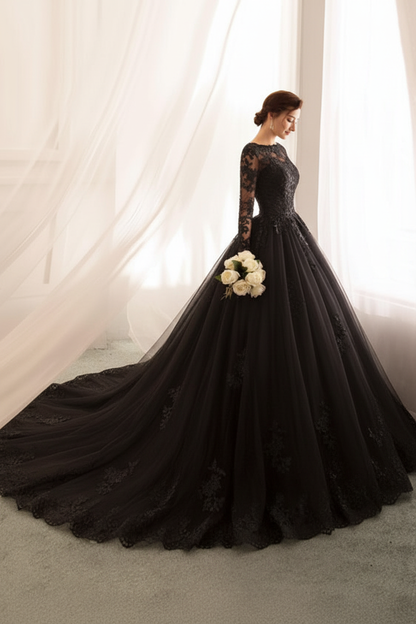 Bateau Neck Princess Wedding Dresses Long Sleeve Lace Tulle Bridal Gowns