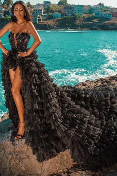 Gorgeous Black Strapless Prom Dress Tulle Evening Gown Party Dress Trailing Long Formal Dress HZ1024