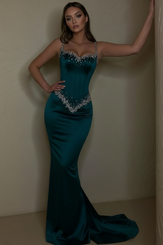 Black Beaded Straps Prom Dress Long Sweetheart Formal Dress