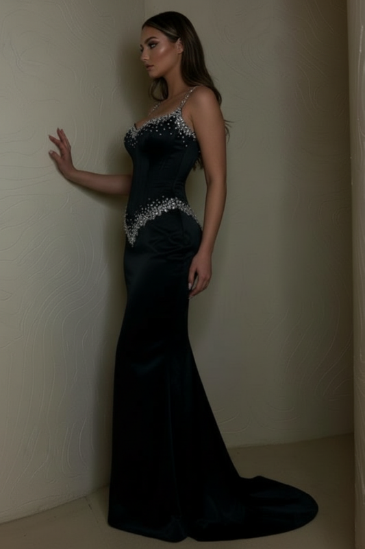 Black Beaded Straps Prom Dress Long Sweetheart Formal Dress