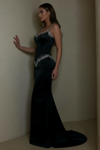 Black Beaded Straps Prom Dress Long Sweetheart Formal Dress