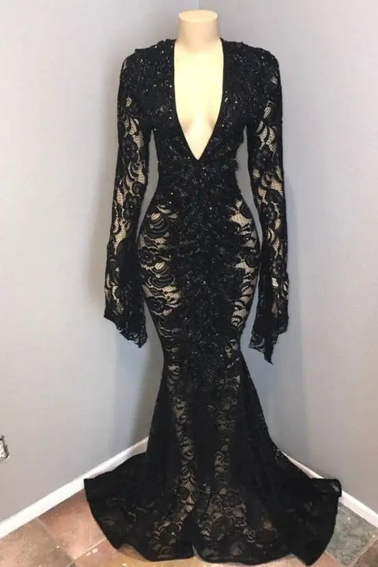 Black Deep V-Neck Long Sleeves Lace Sheer Floor Length Prom Dress