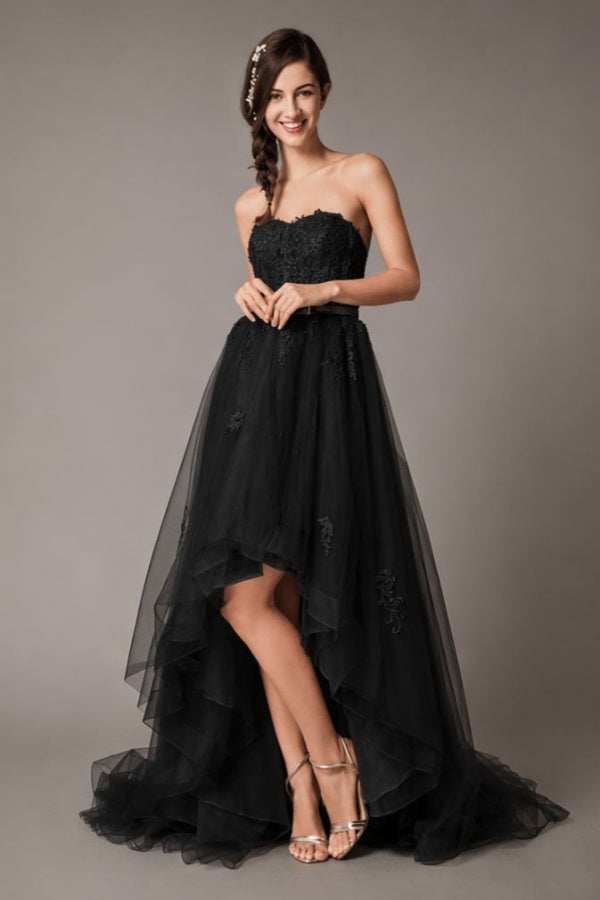 High Low Wedding Dresses Strapless Lace Tulle Bow Sash Asymmetrical Summer Beach Bridal Dress