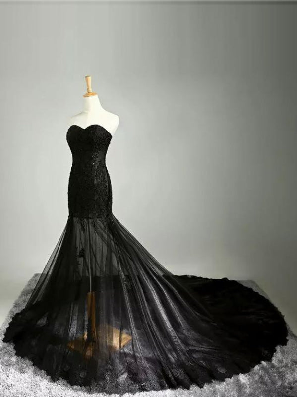 Black Lace Applique Wedding Dress with Lace-Up Back Gothic Bridal Gown