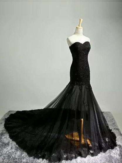 Black Lace Applique Wedding Dress with Lace-Up Back Gothic Bridal Gown