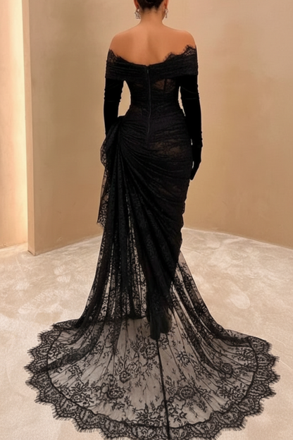 Black Lace Asymmetric Prom Dress Long with High Slit