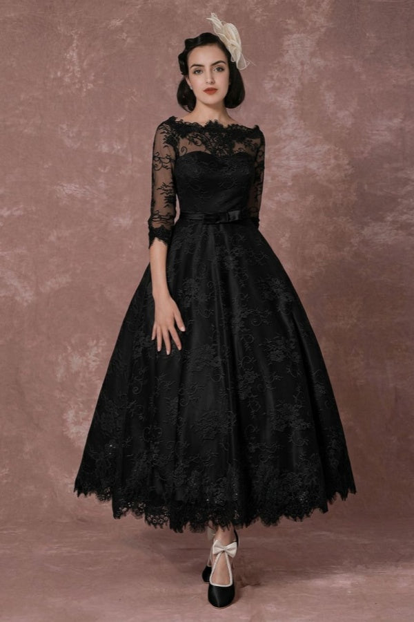 Vintage Champagne Lace Wedding Dress Bateau Neck Half Sleeve Tea Length Bridal Gown