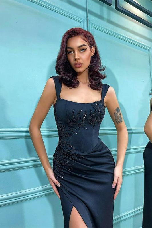Sleeveless Black Beadings Mermaid Evening Gown with Front Split