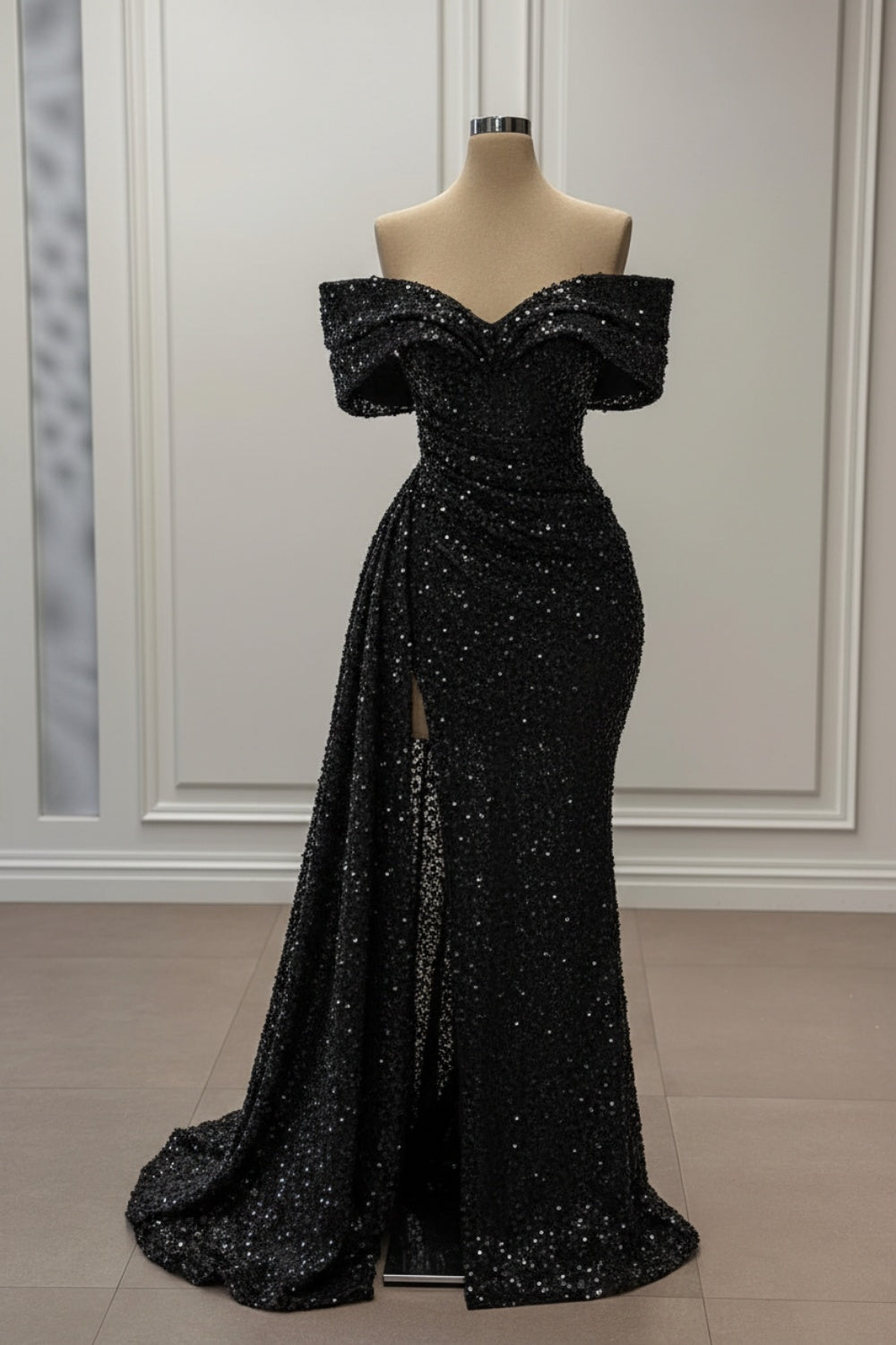Off-the-Shoulder White Sequined Mermaid Wedding Dress