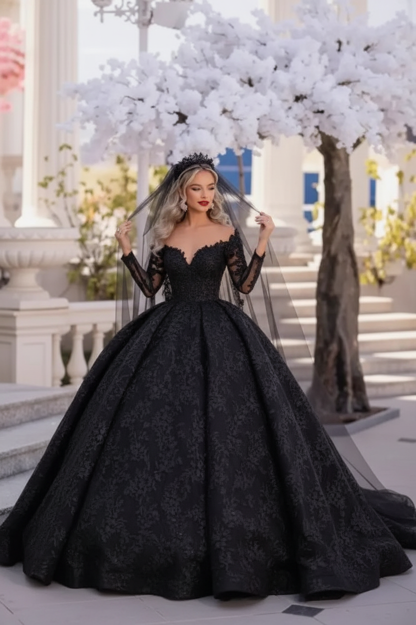 Gorgeous Tulle Aline Wedding Dress Off-the-Shoulder with Long Sleeves