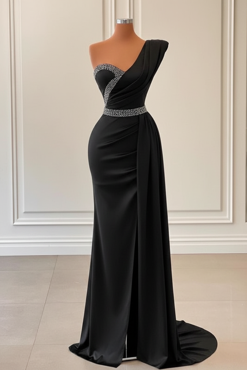 Sage One-Shoulder Split Mermaid Prom Dress With Beadings