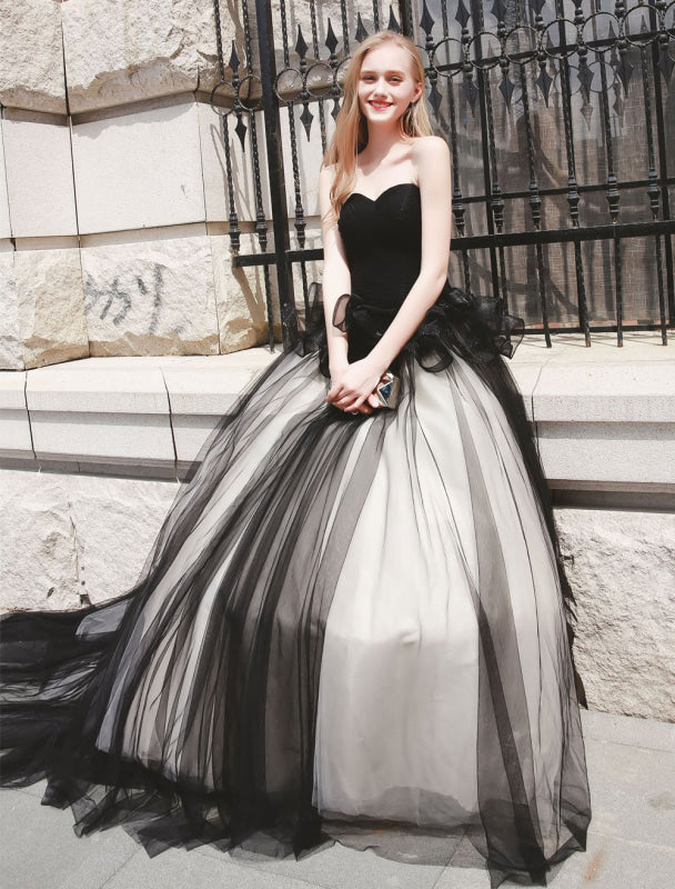 Black Pageant Party Dress Women Strapless Tulle Princess Wedding Gowns