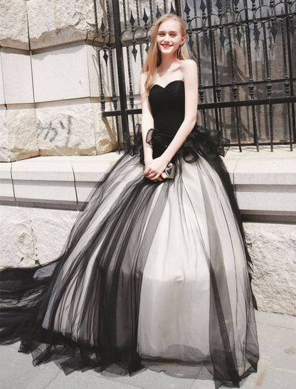 Black Pageant Party Dress Women Strapless Tulle Princess Wedding Gowns