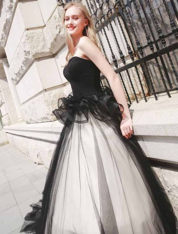 Black Pageant Party Dress Women Strapless Tulle Princess Wedding Gowns