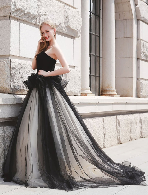 Black Pageant Party Dress Women Strapless Tulle Princess Wedding Gowns