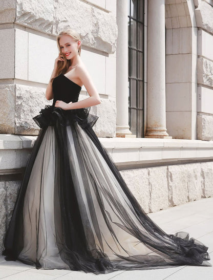 Black Pageant Party Dress Women Strapless Tulle Princess Wedding Gowns