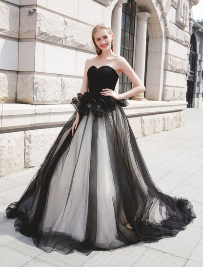 Black Pageant Party Dress Women Strapless Tulle Princess Wedding Gowns